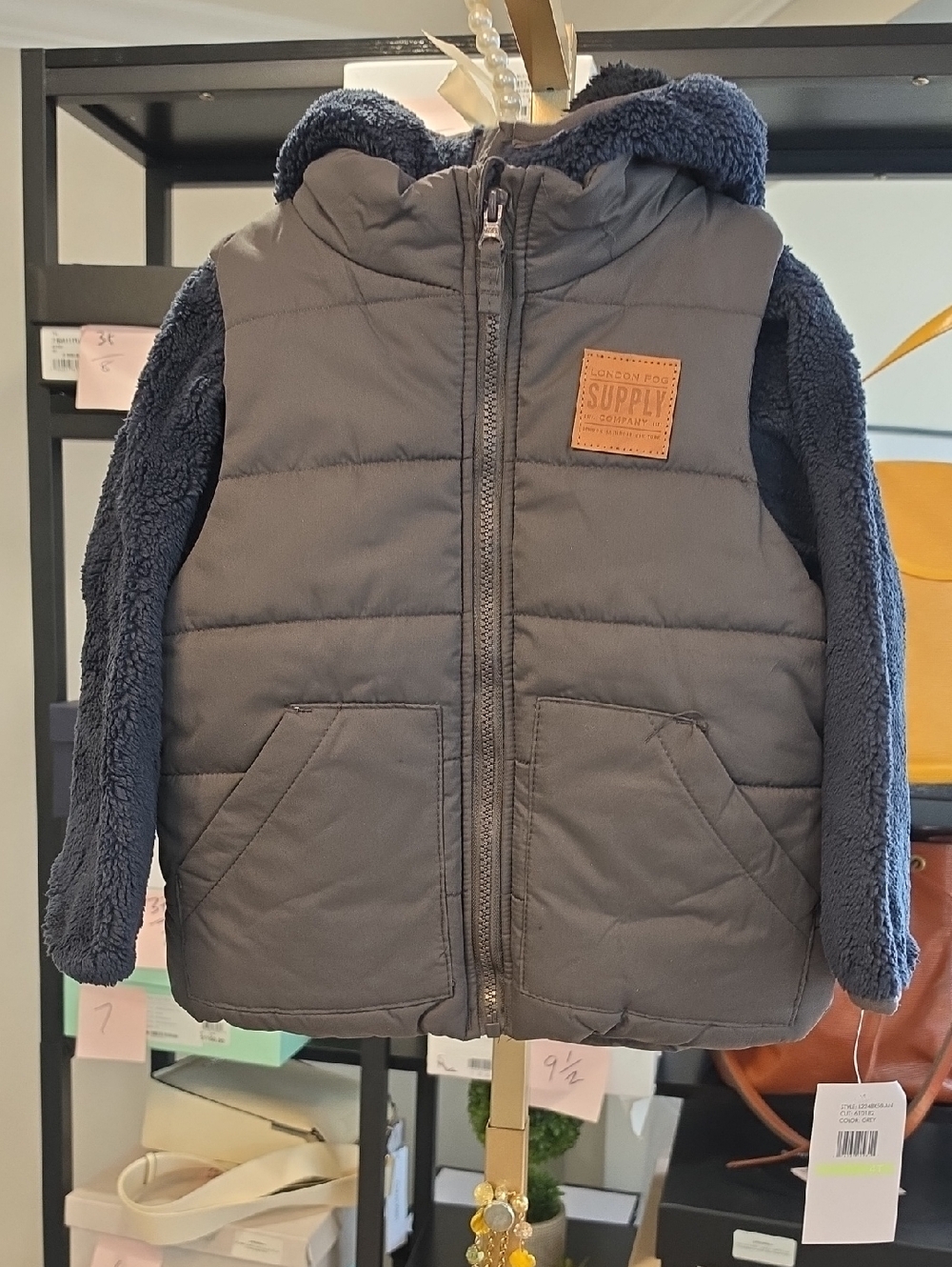London Fog Boys Navy Puffer Jacket with Sherpa Sleeves
